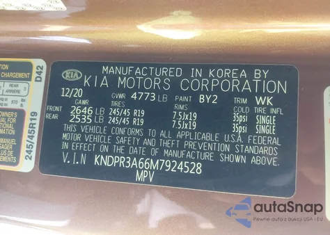 2021 Kia Sportage Sx Turbo z USA, uszkodzony, nr VIN KNDPR3A66M7924528